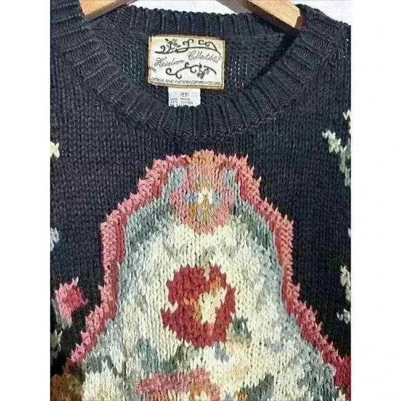 Heirloom Collectibles Sweater Womens Medium Black Floral Vintage 90s Cotton Knit - Picture 4 of 9